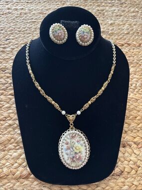 West Germany floral porcelain pendant Necklace and Earring Set in Gold tone